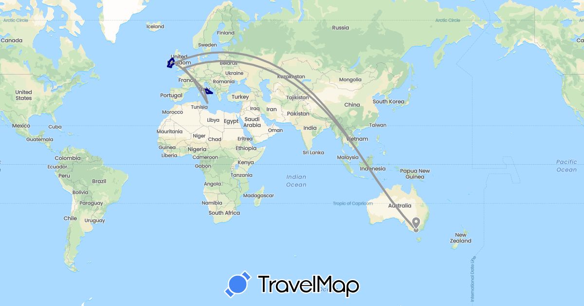 TravelMap itinerary: driving, plane in Australia, United Kingdom, Ireland, Italy, Malta, Vietnam (Asia, Europe, Oceania)